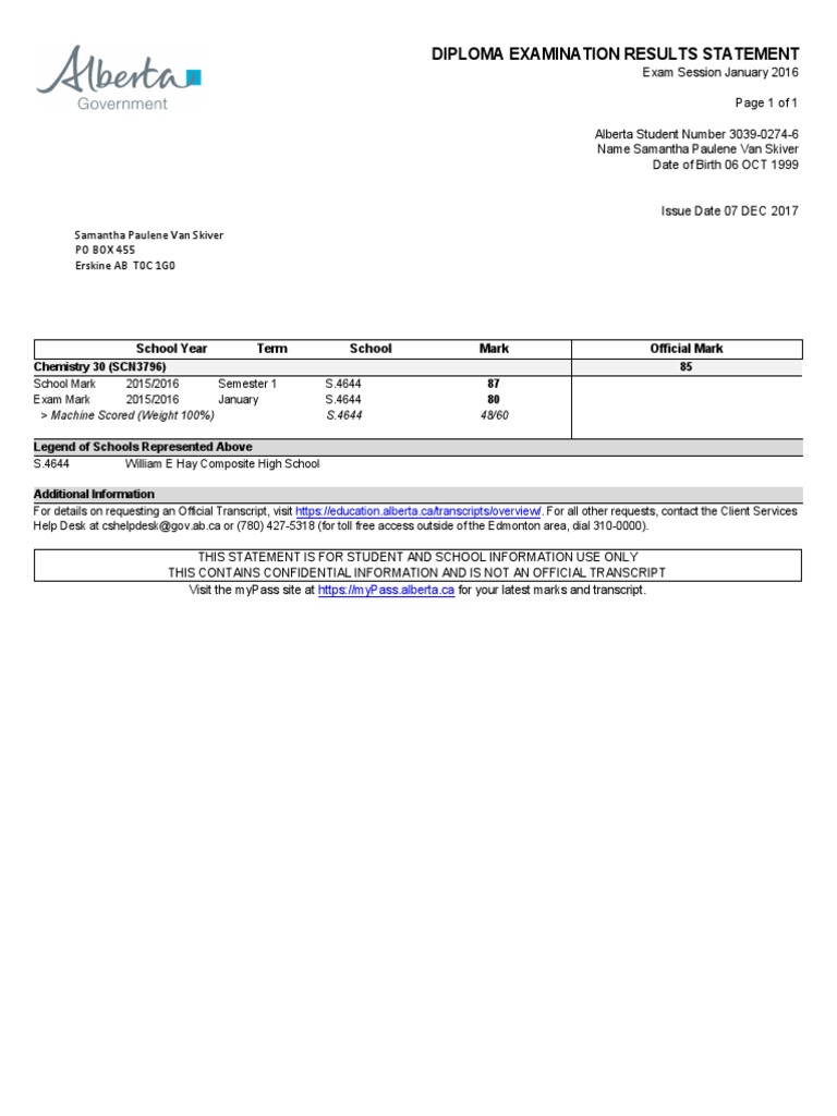 Diploma Examination Results Statement: School Year Term School Mark ...