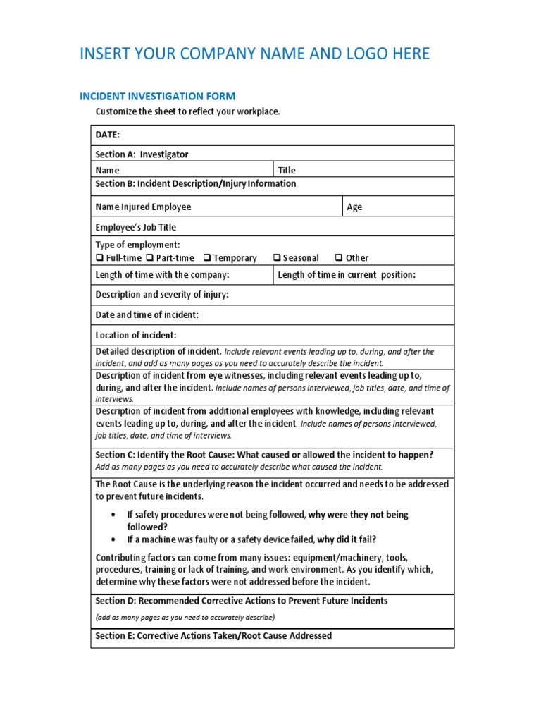 Workplace Incident Investigation Form | PDF | Labor | Employment