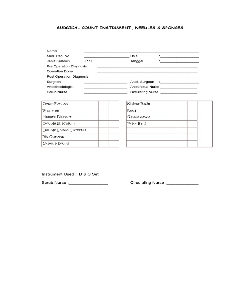 Surgical Count Sheet Template | PDF | Surgery | Health Care