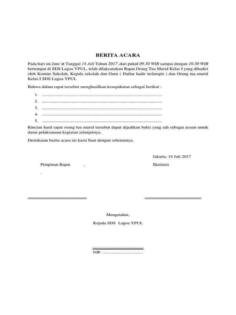 Contoh Berita Acara Rapat Komite Sekolah Dengan Orang Tua - Format Soal