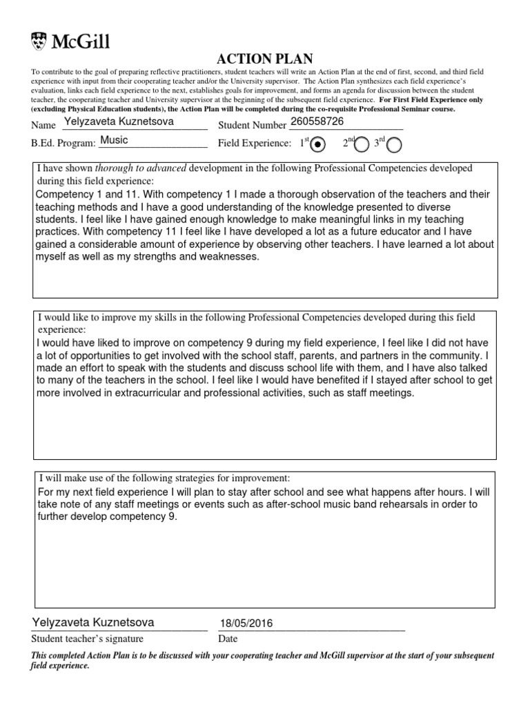 Student Teacher Action Plan Template | PDF | Competence (Human ...