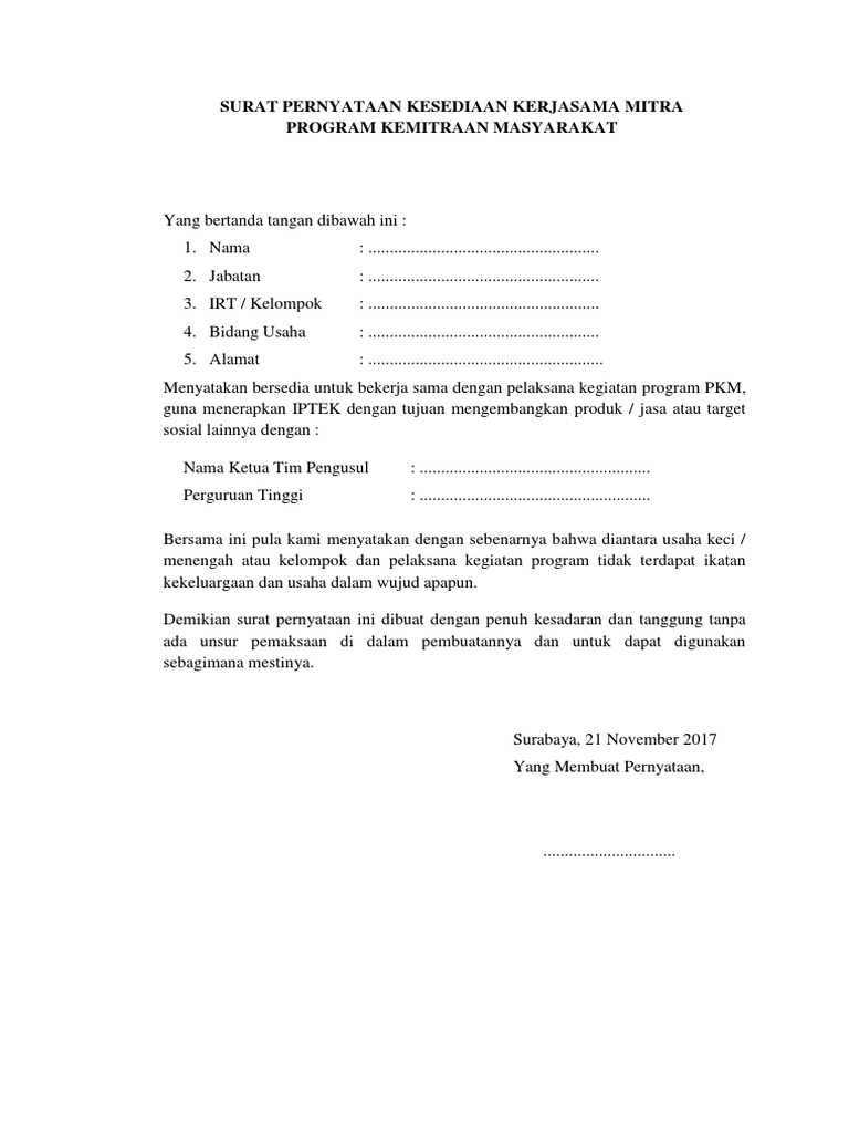 Surat Pernyataan Kerjasama Mitra | Surat Contoh