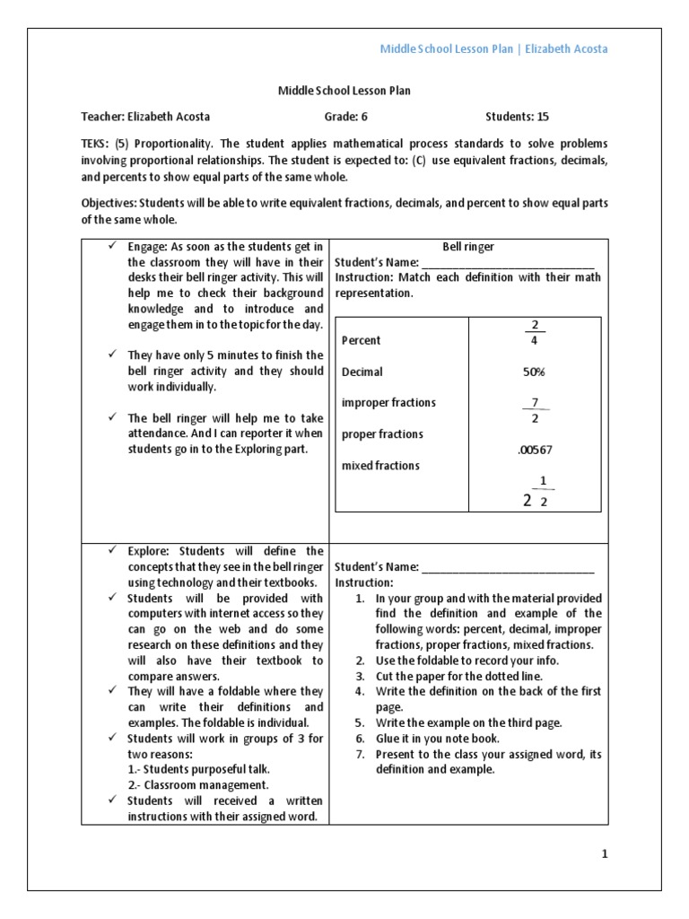 Middle School Math Lesson Plan | PDF | Fraction (Mathematics) | Percentage