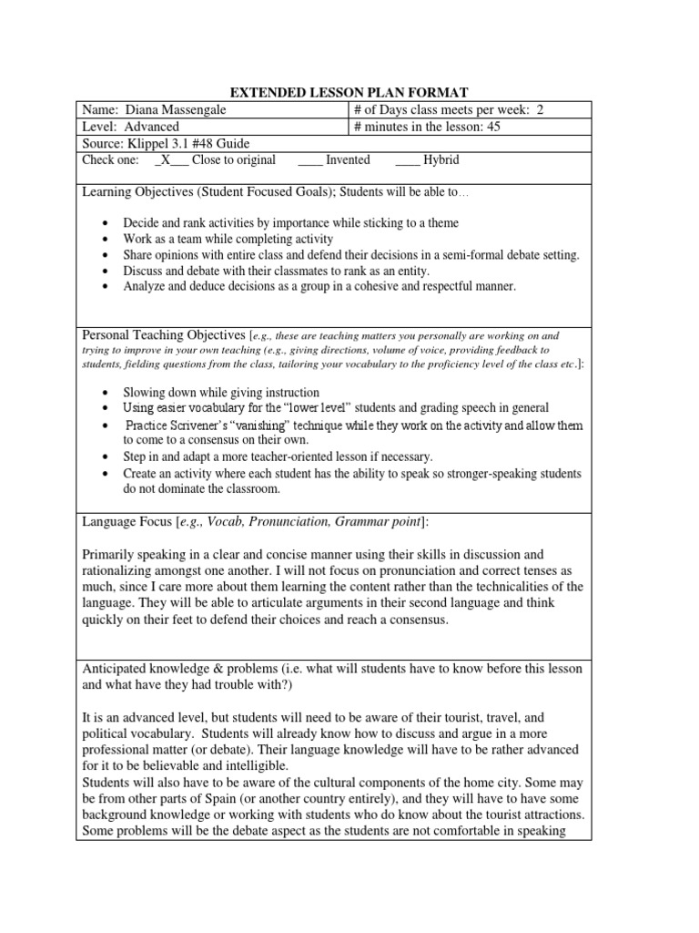 Extended Lesson Plan Format: (E.g., These Are Teaching Matters You ...