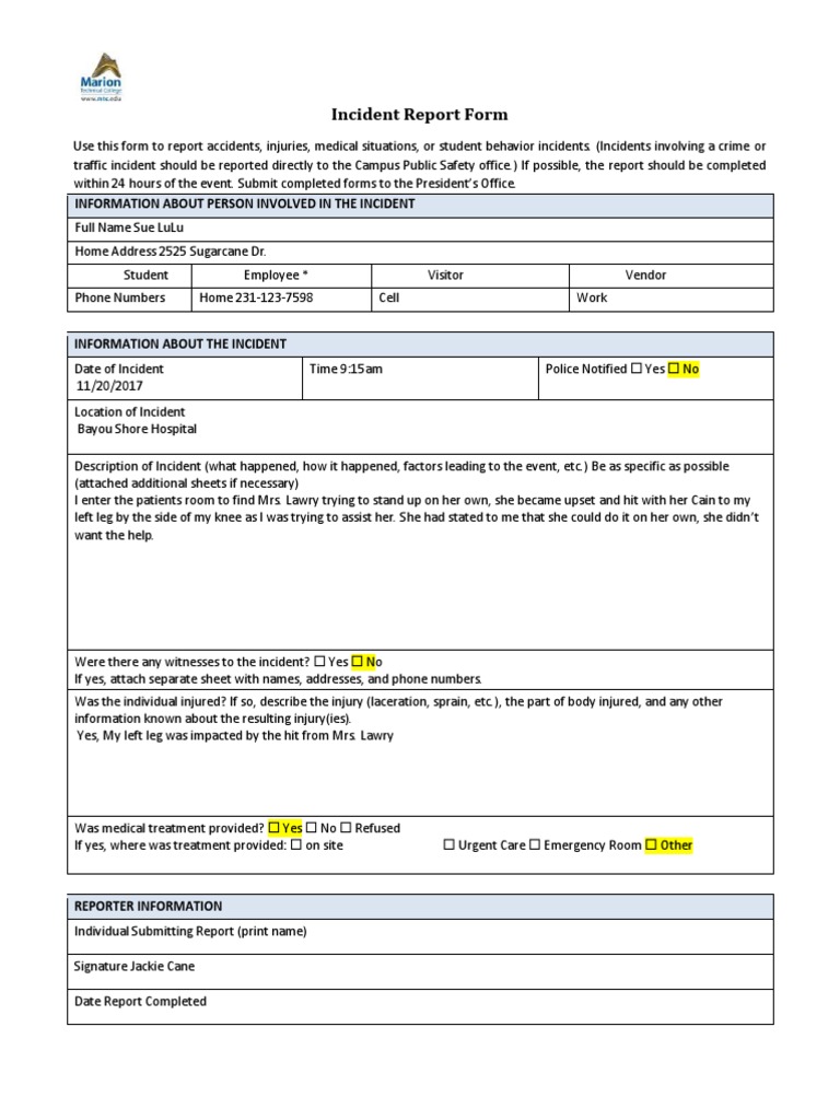 Incident Report for Patient Behavior | PDF | Emergency Department ...