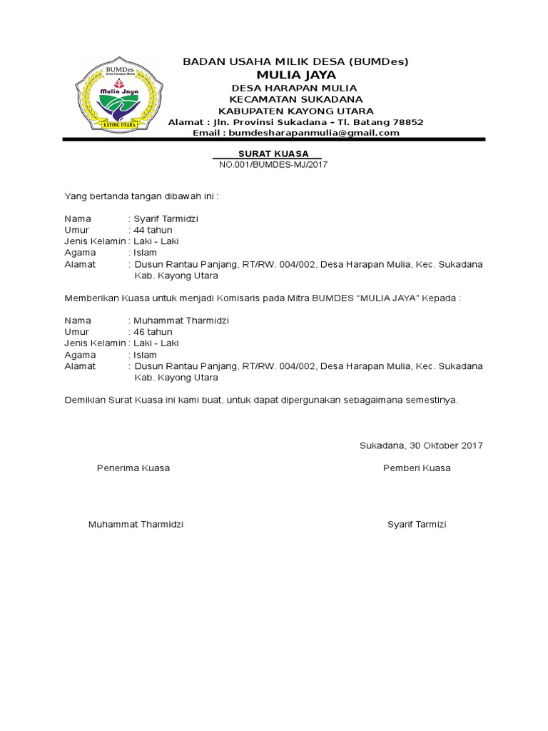 Kop Surat Badan Usaha Milik Desa Mulia Jaya