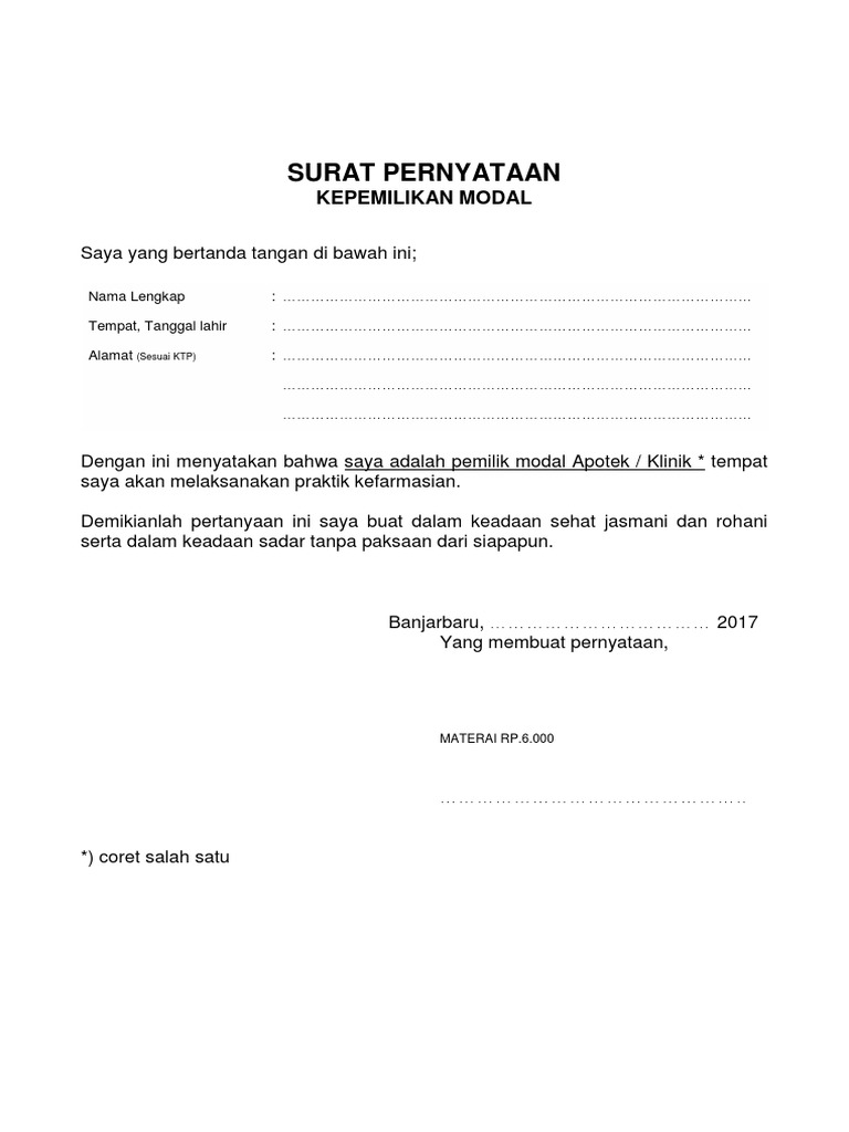 Surat Pernyataan Kepemilikan Modal