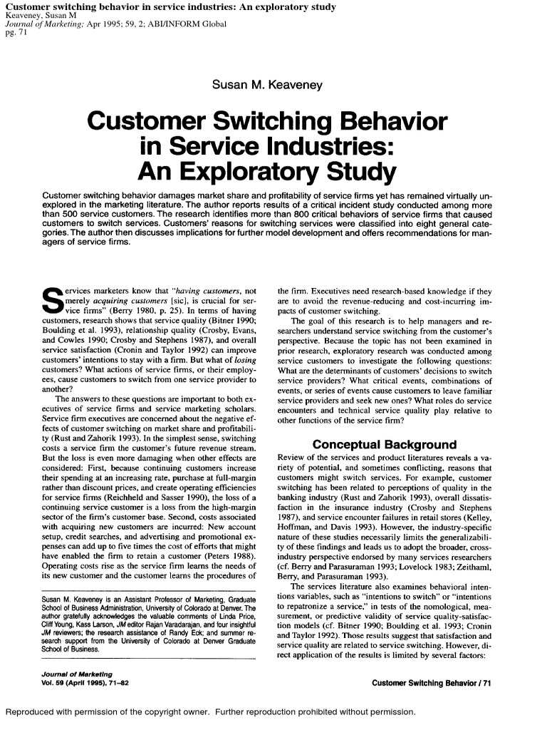 Customer Switching Behavior in Service Industries An Exploratory Study