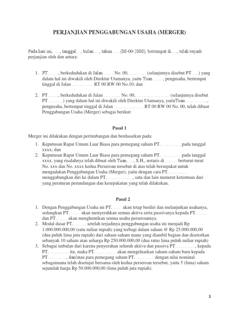 Perjanjian Penggabungan Usaha (Merger) | PDF