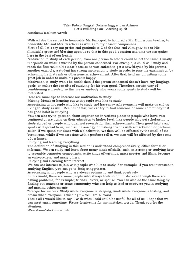 Teks Pidato Singkat Bahasa Inggris Dan Artinya Berbagai