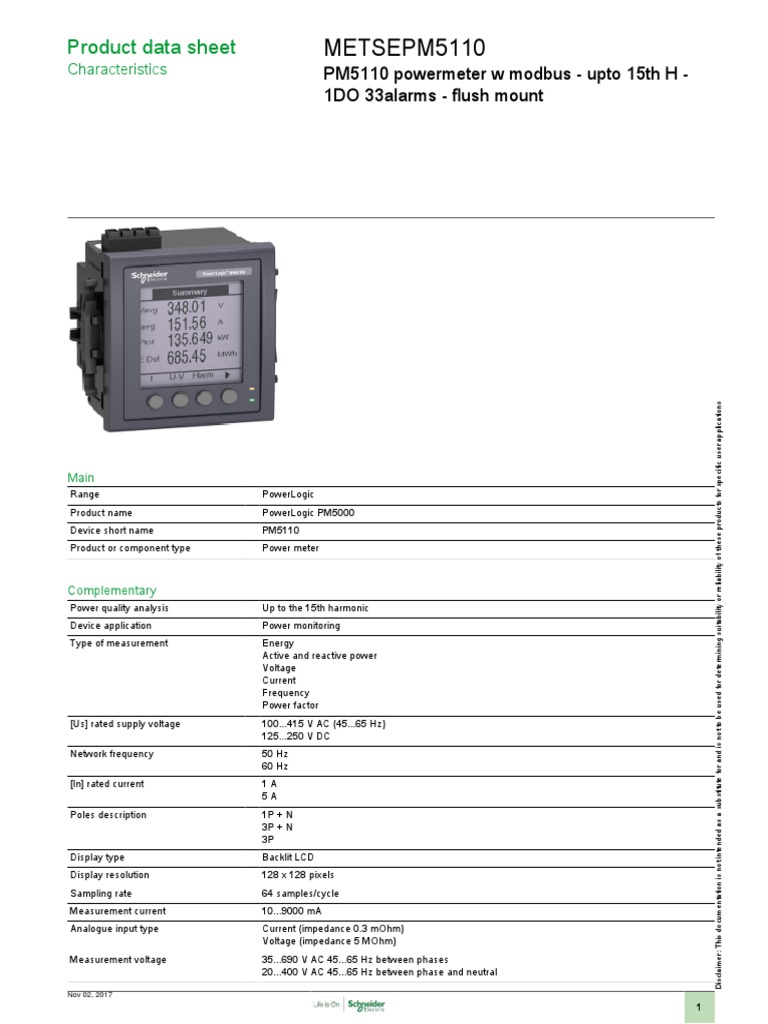 PowerLogic PM5110 Power Meter Data Sheet | PDF | Electrical Impedance ...