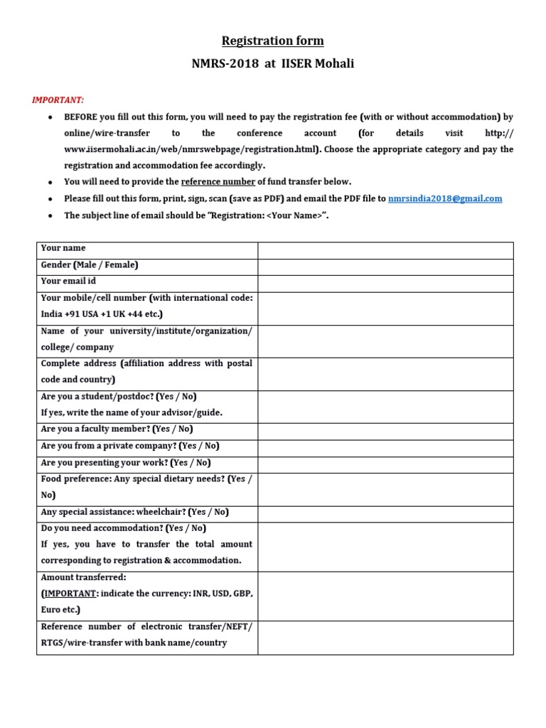 NMRS-2018 Registration Form Details | PDF