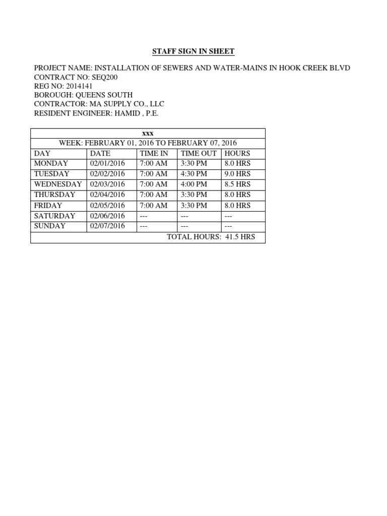 Staff Sign-In: Hook Creek Project | PDF