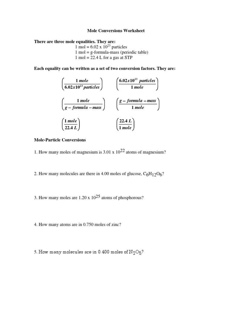 5b Mole Conversions Worksheet Mole Unit Gases