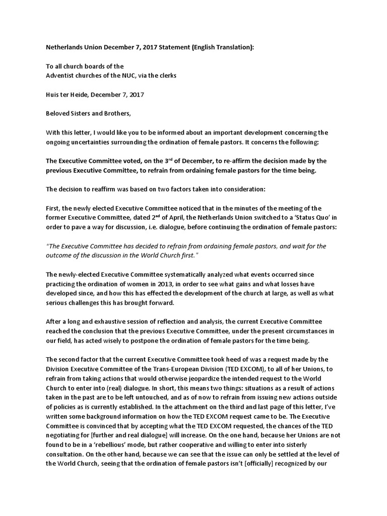 English Translation of The Netherlands Union Conference Statement | PDF ...