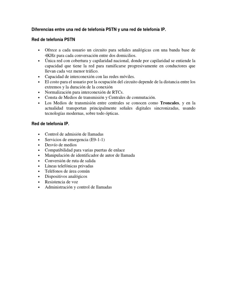 Diferencias Entre Una Red De Telefonía Pstn Y Una Red De Telefonía Ip Pdf