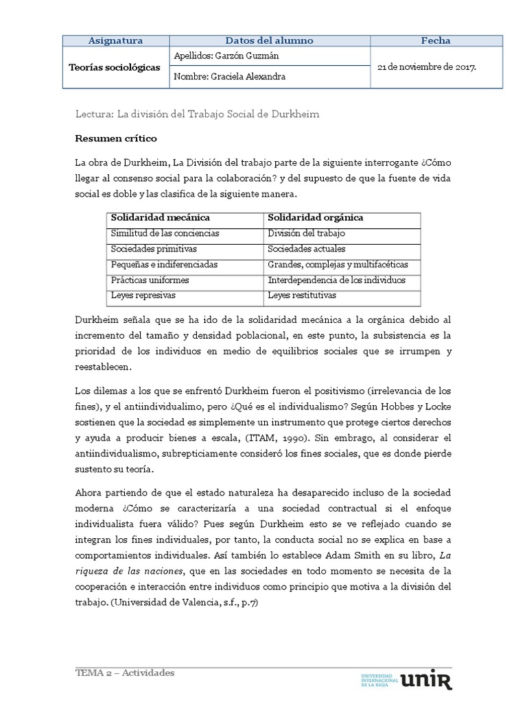 División Del Trabajo Según Durkheim PDF Emile Durkheim Sociedad