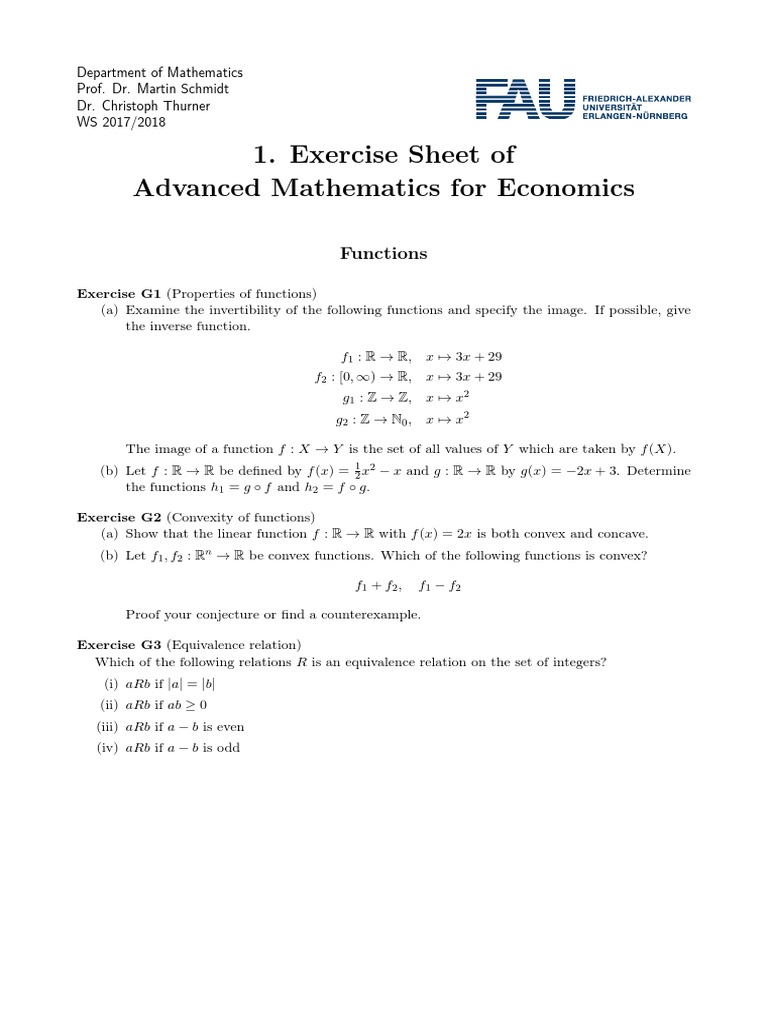 Exercise Sheet of Advanced Mathematics For Economics: Functions | PDF