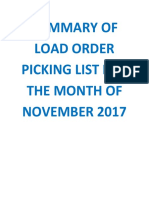 Summary of Load Order Picking List For The Month of November 2017