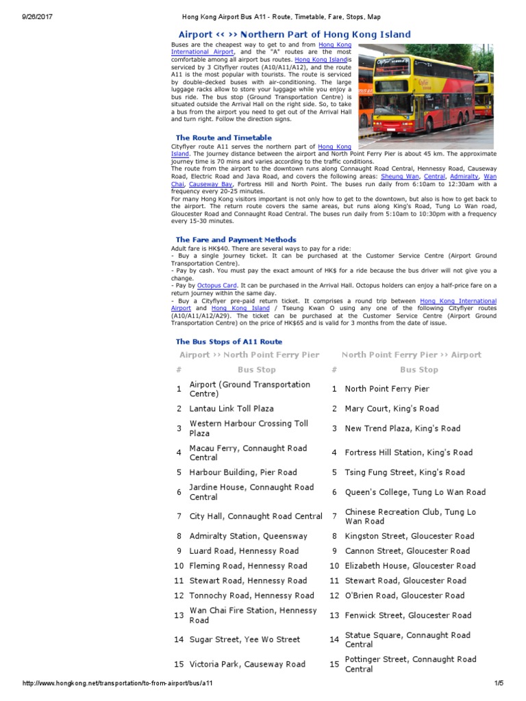 Hong Kong Airport Bus A11 - Route, Timetable, Fare, Stops, Map | PDF