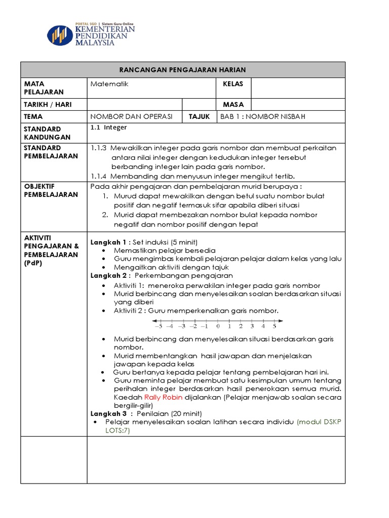 1 1 3 Mewakilkan Integer Dengan Garis Nombor Pdf