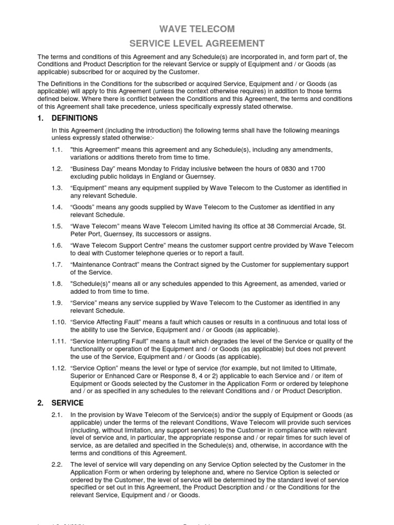Wave Telecom Service Level Agreement | PDF | Contractual Term | Tort