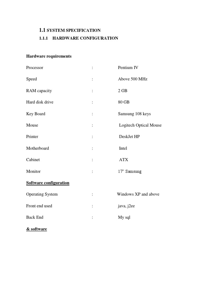 System Specification 1.1.1 Hardware Configuration | Download Free PDF ...
