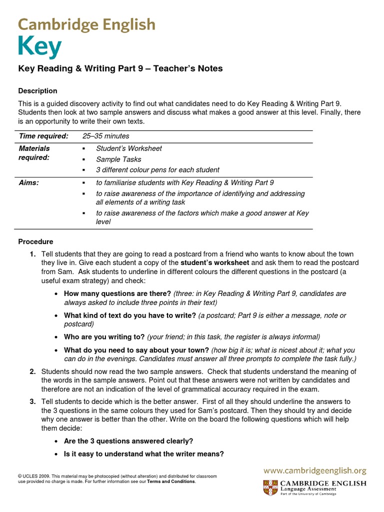Cambridge English Key Ket Reading and Writing Part 9 Reading (Process) Test (Assessment)