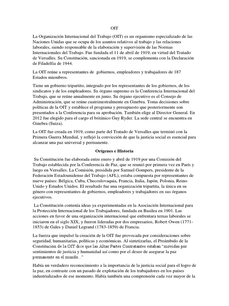 Historia y Funciones de la OIT | PDF | Organización Internacional del ...