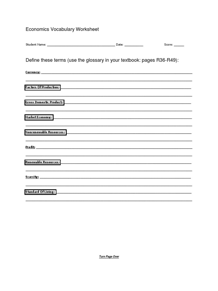 Economics Vocabulary Review  Trade  Factors Of Production With Regard To Factors Of Production Worksheet