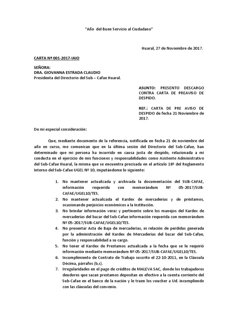 DESCARGO CONTRA CARTA DE PREAVISO DE DESPIDO.docx  Debido 