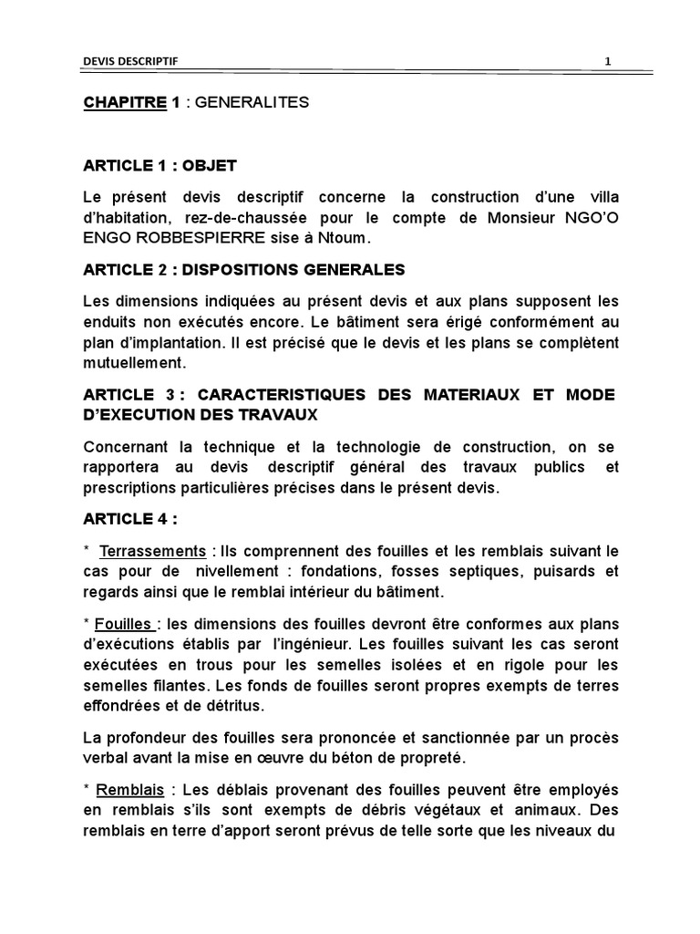 Devis descriptif pour construction villa | PDF | Bois (matériau de ...