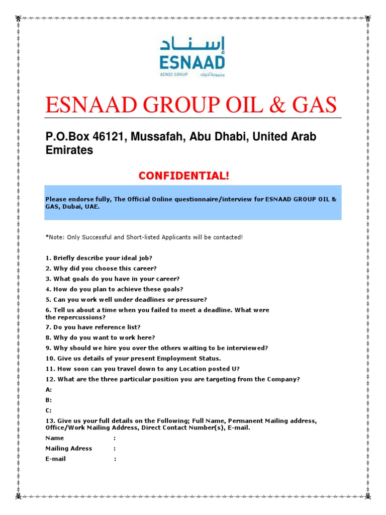 ESNAAD Group Oil & Gas Online Interview Application Form. | PDF ...