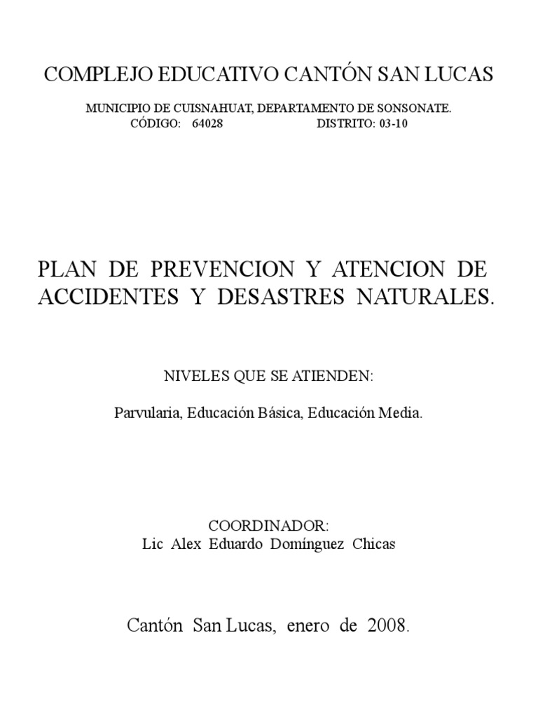 Ejemplos Plan de Protección Escolar | PDF | Defensa Civil | Primeros ...