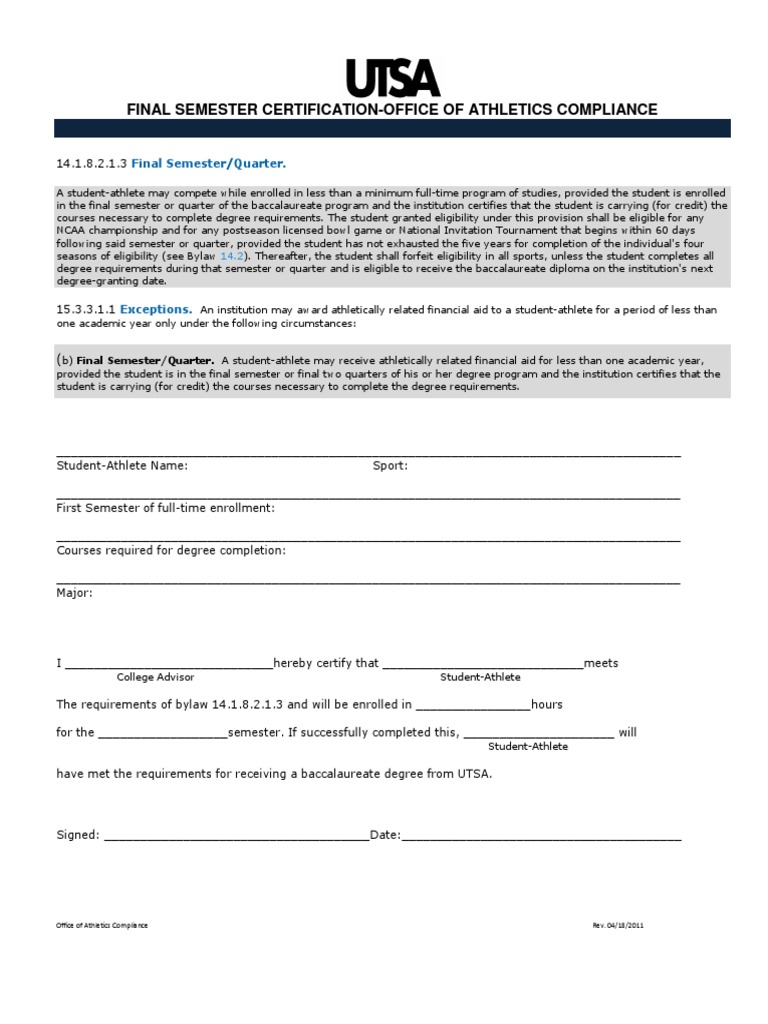 Utsa Final Semester Cert | PDF | National Collegiate Athletic ...