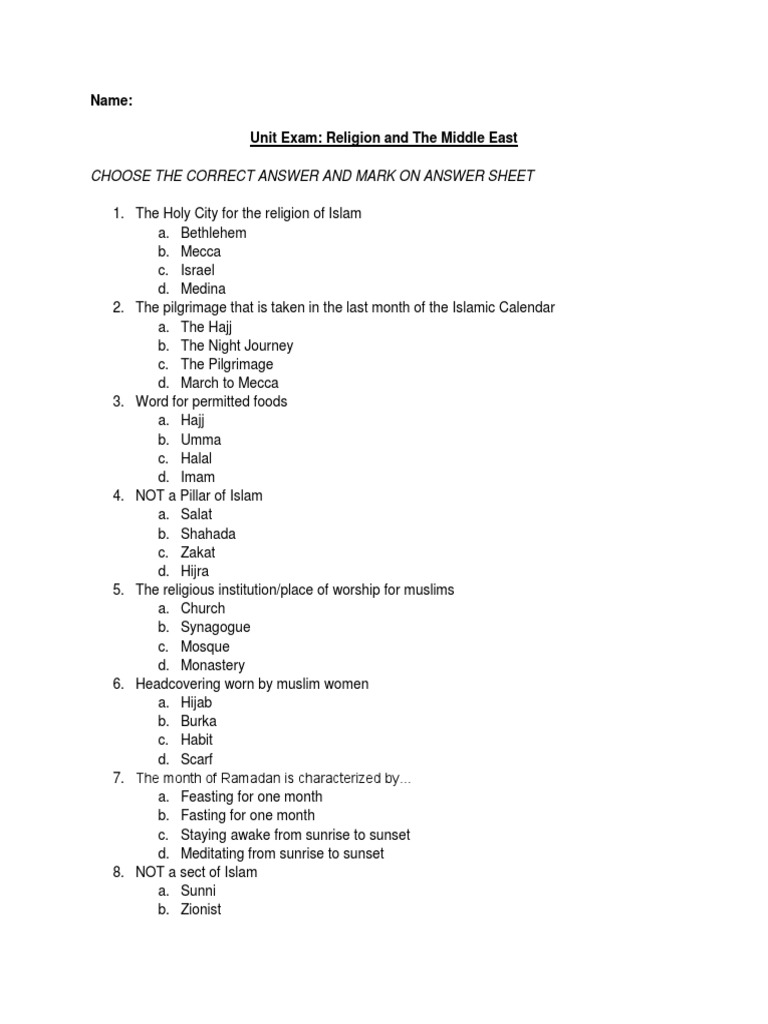 Unit Exam: Religion in the Middle East | PDF