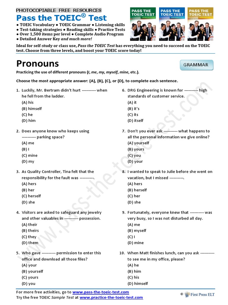 Pronouns Toeic Practice Style Fiction Language Mechanics