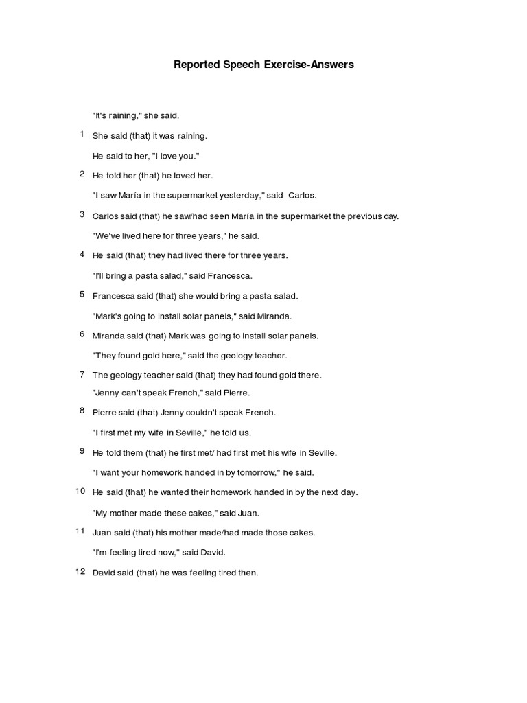 Reported Speech Exercises with Answers | PDF