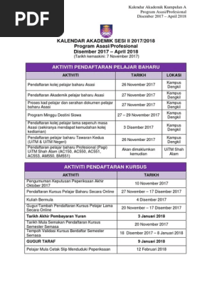 Kalendar Akademik Kumpulan A Program Asasi Profesional Disember 2017 April 2018 Pdf