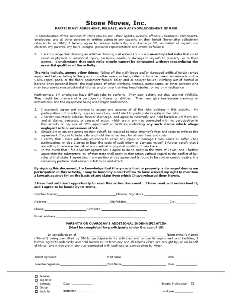 Stone Moves Waiver PDF Indemnity Civil Law (Legal System)