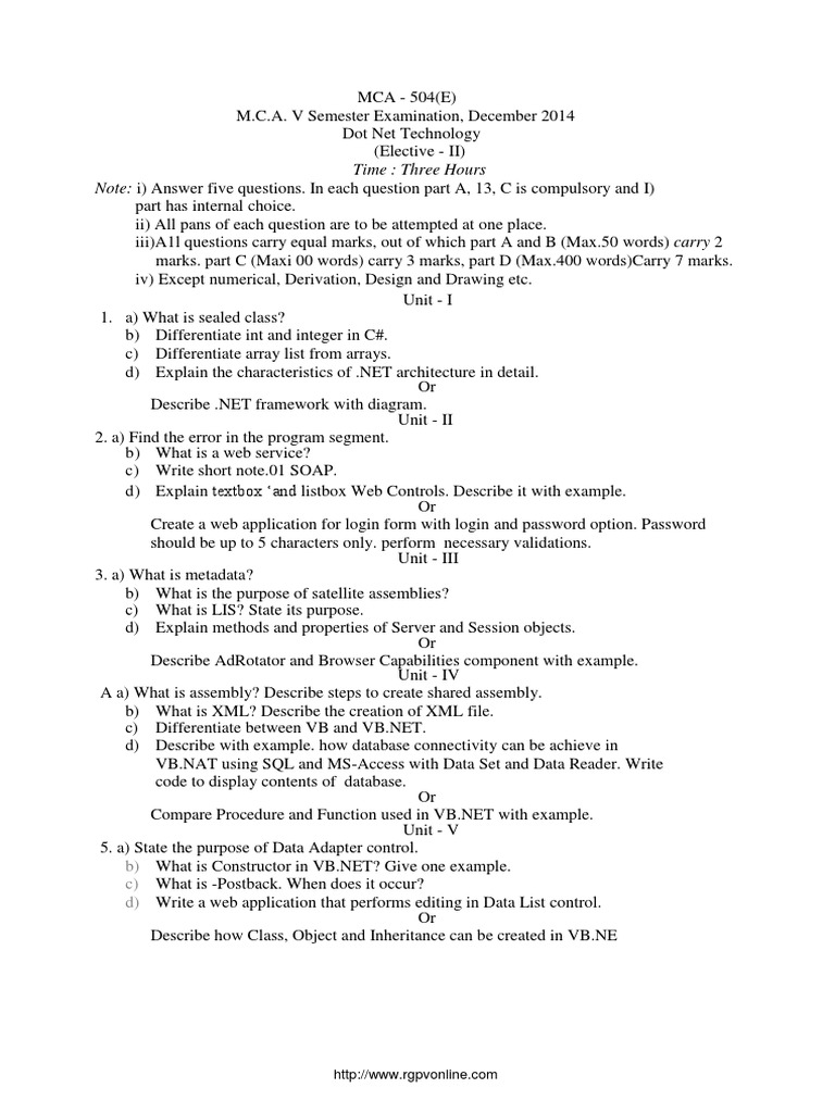 Dot Net Technology Exam 2014 | PDF | C (Programming Language) | Web ...