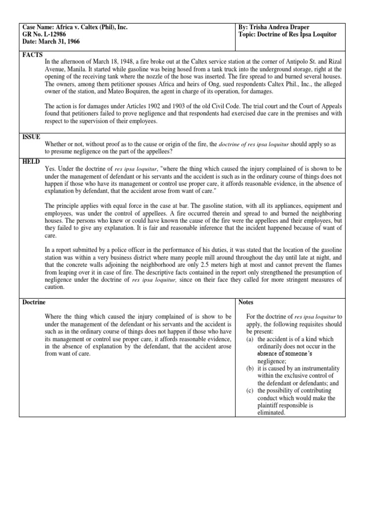 Res Ipsa Loquitur in Africa v. Caltex Case | PDF | Common Law | Justice