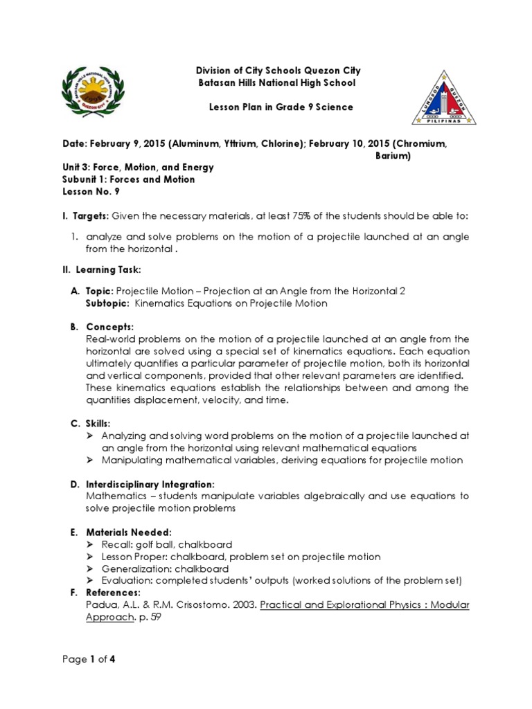 Projectile Motion Lesson Plan for Grade 9 | PDF | Kinematics | Trajectory