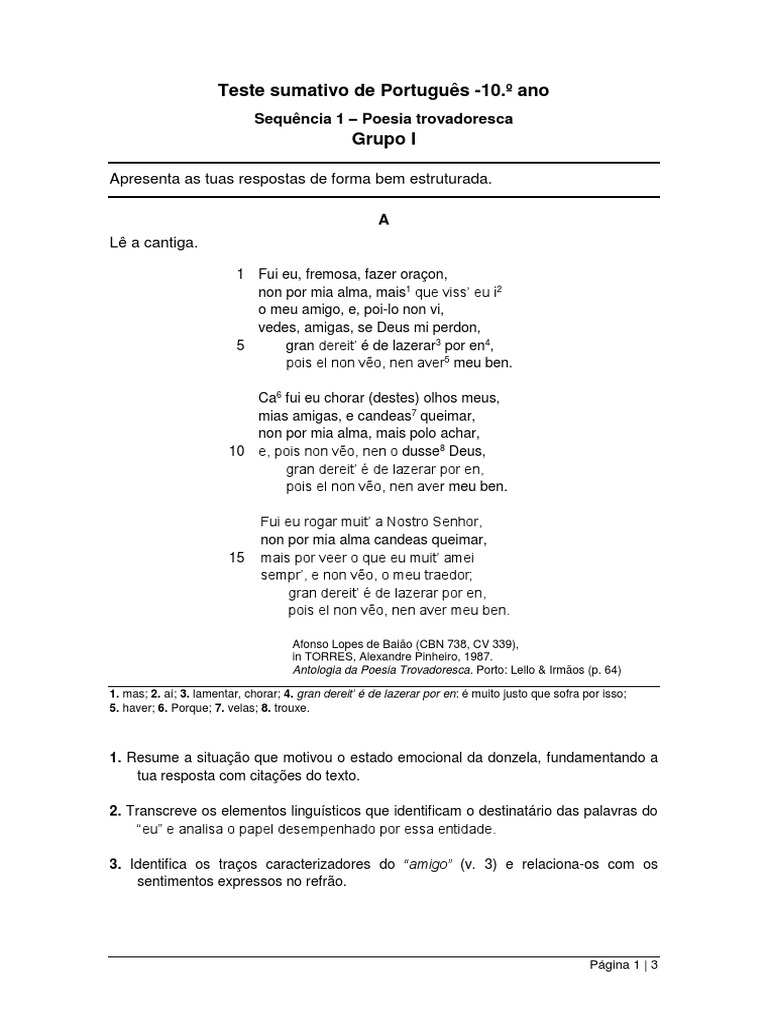 Teste de Poesia Trovadoresca 10.º Ano | PDF | Linguística | Idiomas