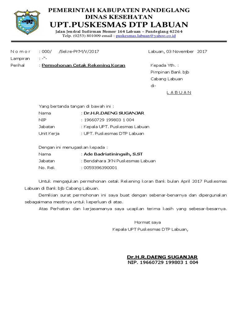 Surat Permohonan Cetak Rekening Koran Bjb Contoh surat