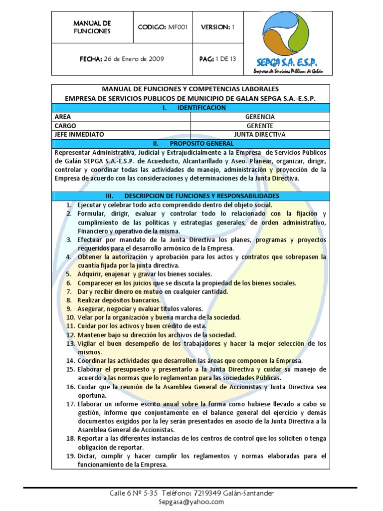 Manual de Funciones y Competencias Laborales | PDF | Agua | Contabilidad