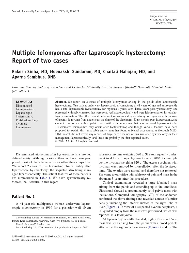 Multiple Leiomyomas After Laparoscopic Hysterectomy: Report of Two ...