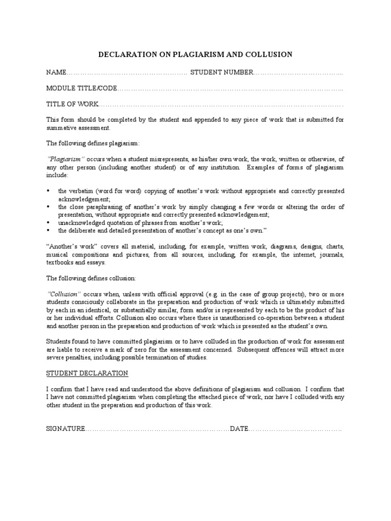 Plagiarism and Collusion Declaration Form | PDF | Plagiarism ...