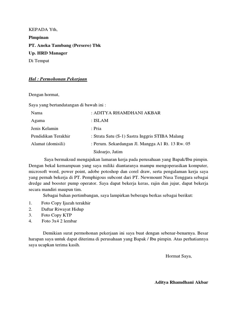 Contoh Surat Lamaran Kerja Pt Antam Download Contoh