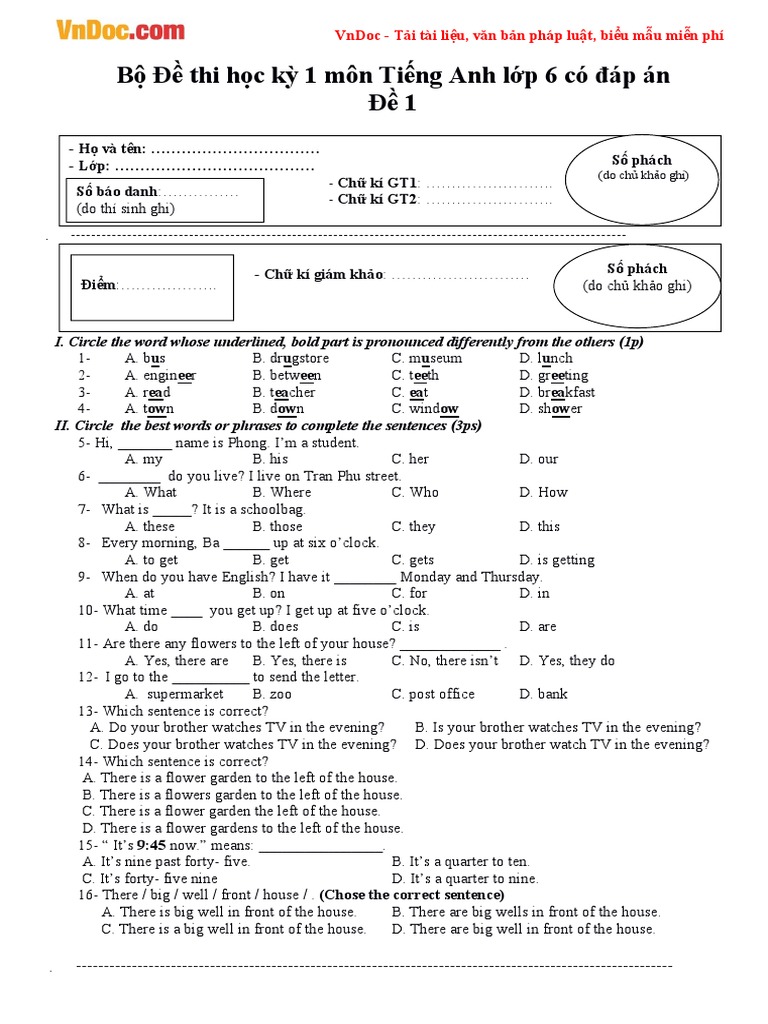 Bo de Thi Hoc Ky 1 Mon Tieng Anh Lop 6 Co Dap An | PDF